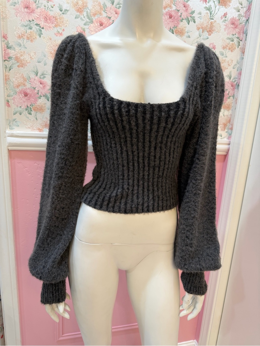 Free People Charcoal Off-Shoulder Puff Sleeve Sweater